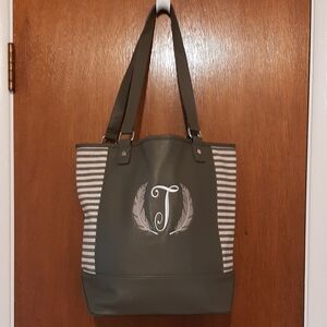 Monogrammed Dark Green Tote Bag with Striped Sides